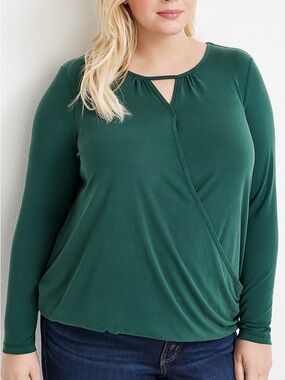 Maurices Dark Green Faux-Wrap Long Sleeve Top